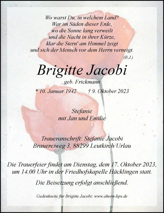 Anzeige von Brigitte Jacobi von LZ