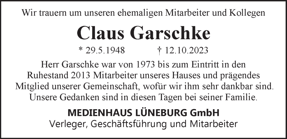  Traueranzeige für Claus Garschke vom 21.10.2023 aus LZ