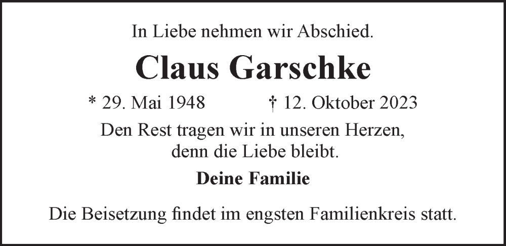  Traueranzeige für Claus Garschke vom 21.10.2023 aus LZ