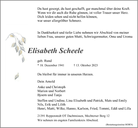 Anzeige von Elisabeth Scheele von LZ