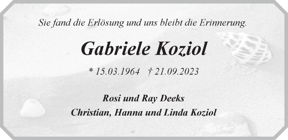  Traueranzeige für Gabriele Koziol vom 30.09.2023 aus LZ