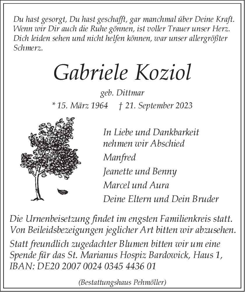  Traueranzeige für Gabriele Koziol vom 30.09.2023 aus LZ