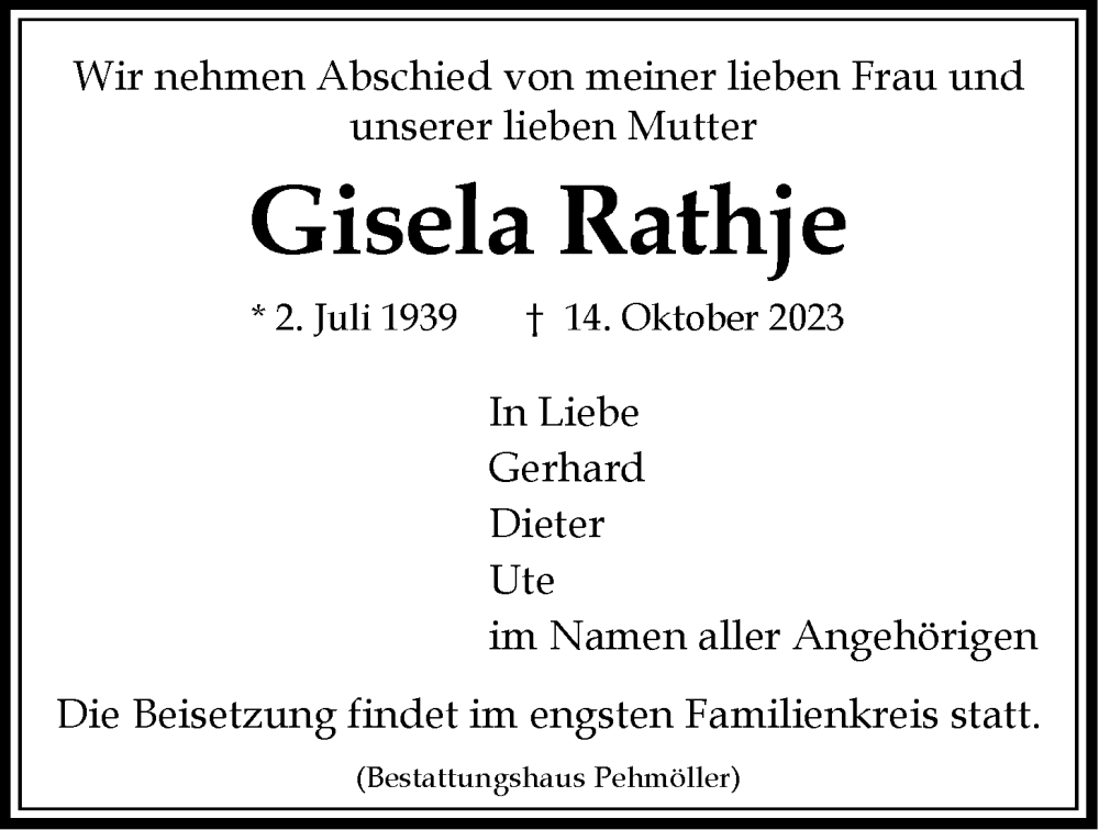  Traueranzeige für Gisela Rathje vom 21.10.2023 aus LZ