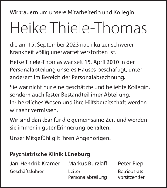 Anzeige von Heike Thiele-Thomas von LZ