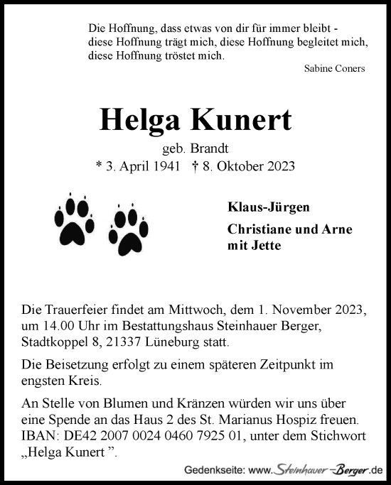 Anzeige von Helga Kunert von LZ