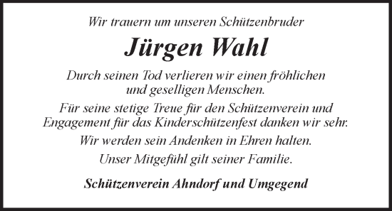 Anzeige von Jürgen Wahl von LZ