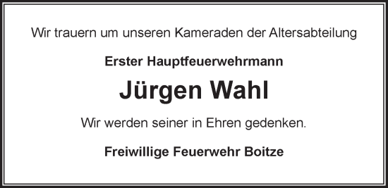 Anzeige von Jürgen Wahl von LZ