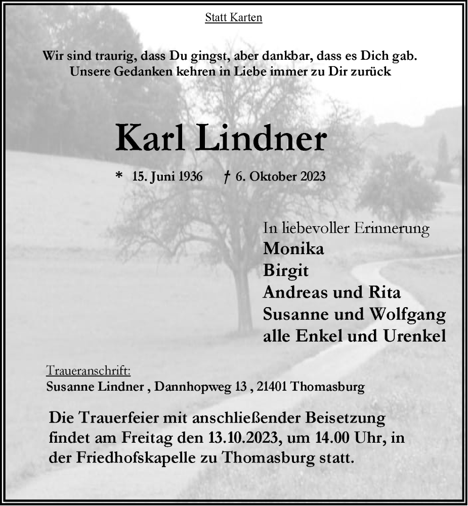  Traueranzeige für Karl Lindner vom 09.10.2023 aus LZ