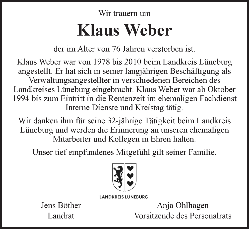  Traueranzeige für Klaus Weber vom 07.10.2023 aus LZ