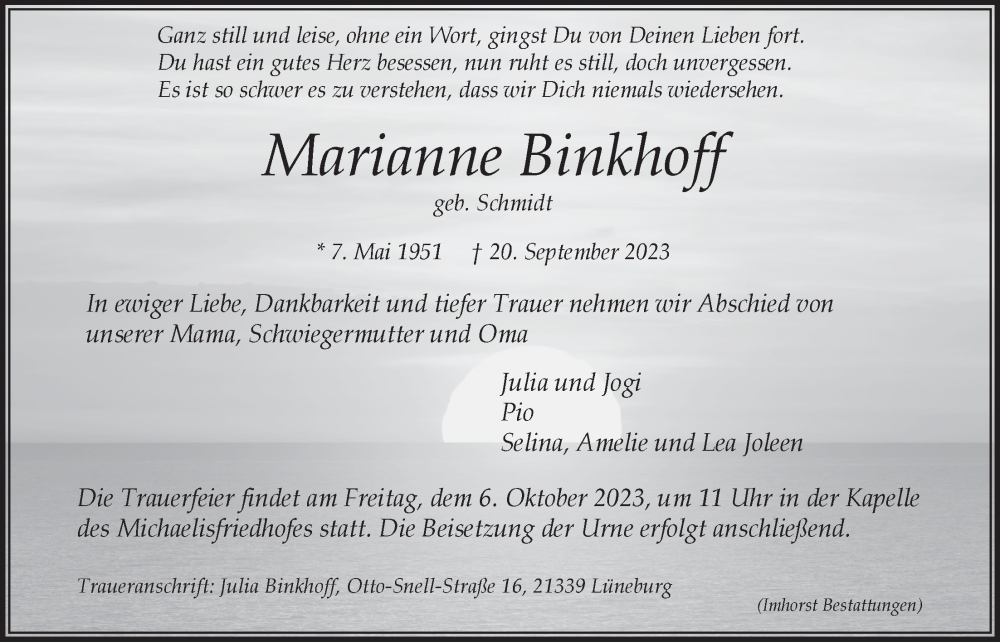  Traueranzeige für Marianne Binkhoff vom 30.09.2023 aus LZ