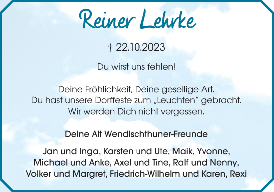 Anzeige von Reiner Lehrke von LZ
