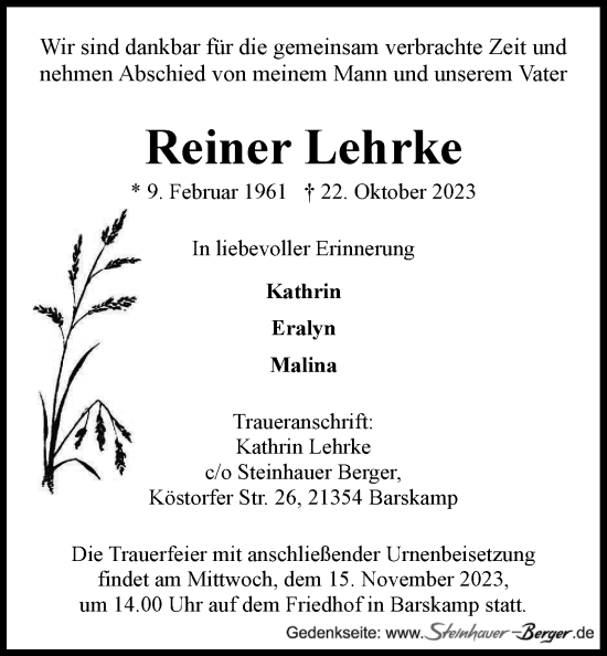 Anzeige von Reiner Lehrke von LZ