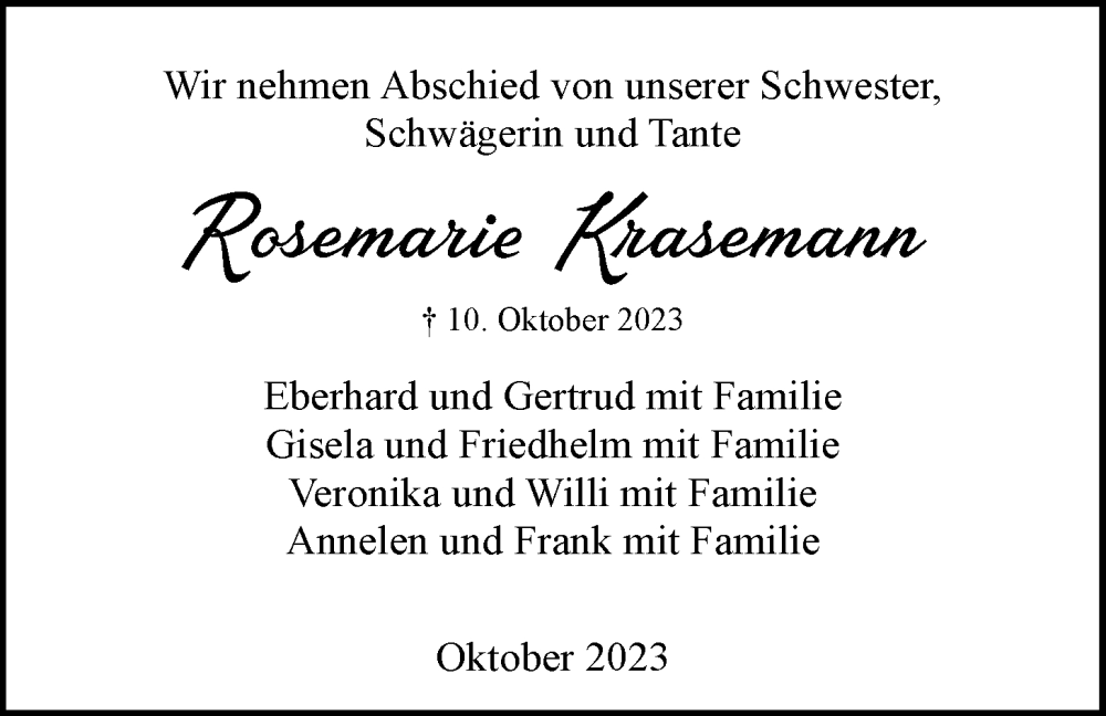  Traueranzeige für Rosemarie Krasemann vom 21.10.2023 aus LZ