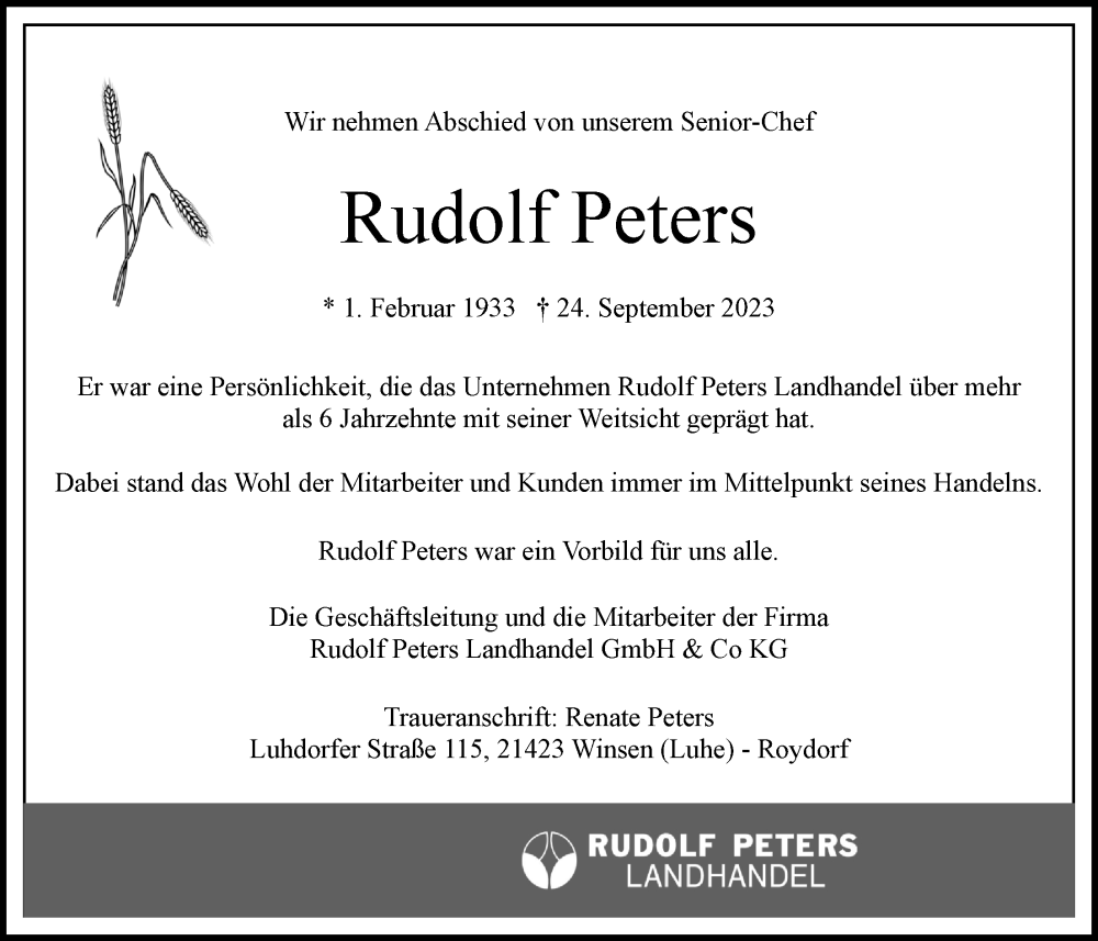 Traueranzeigen von Rudolf Peters TrauerLüneburg.de