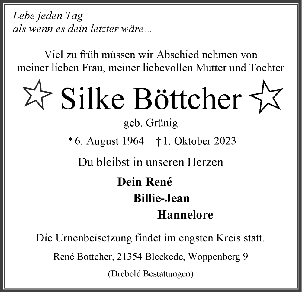  Traueranzeige für Silke Böttcher vom 07.10.2023 aus LZ