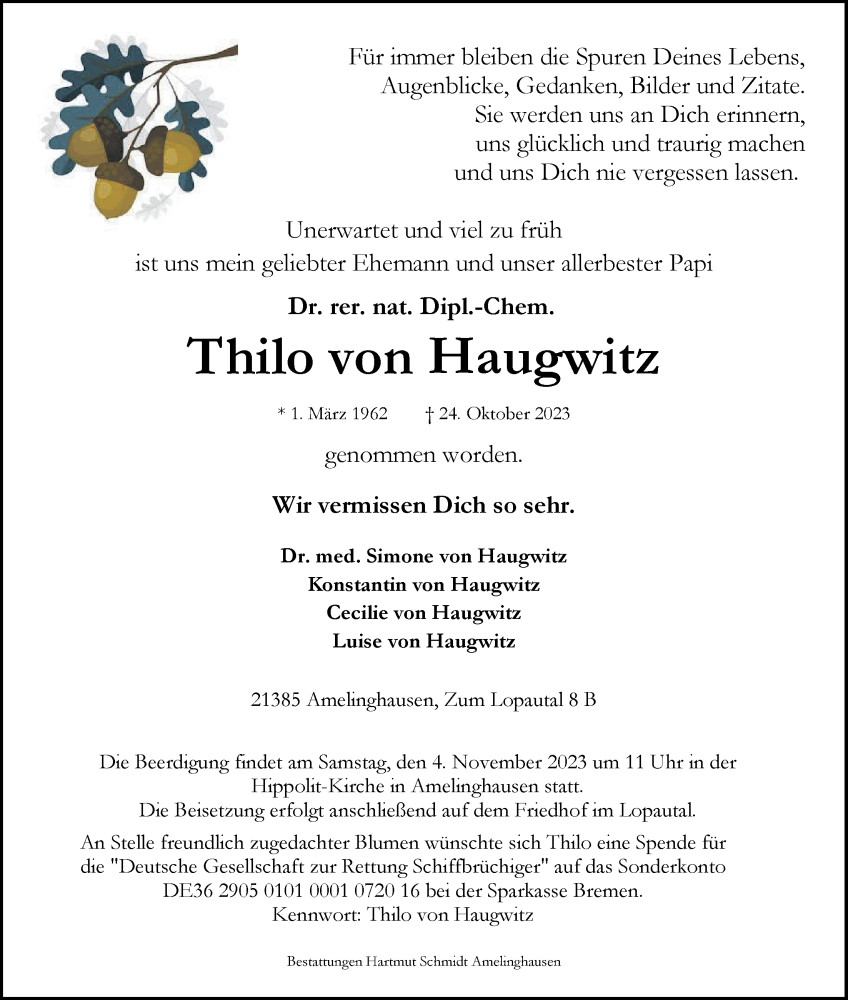  Traueranzeige für Thilo von Haugwitz vom 28.10.2023 aus LZ