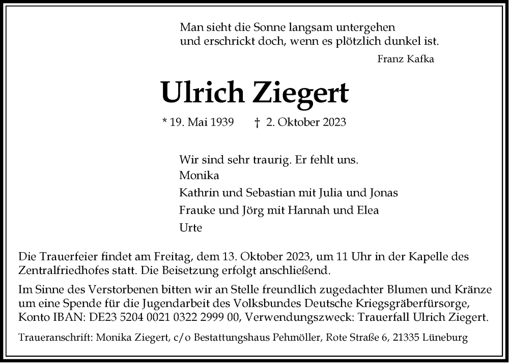  Traueranzeige für Ulrich Ziegert vom 07.10.2023 aus LZ
