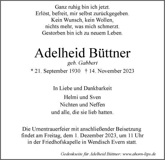 Anzeige von Adelheid Büttner von LZ