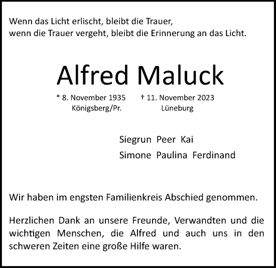 Anzeige von Alfred Maluck von LZ
