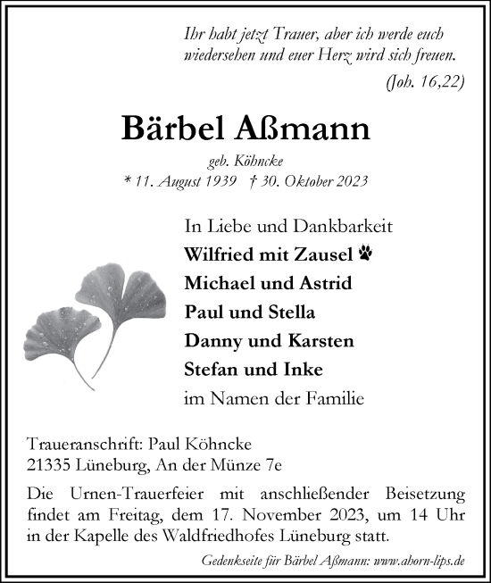 Anzeige von Bärbel Aßmann von LZ