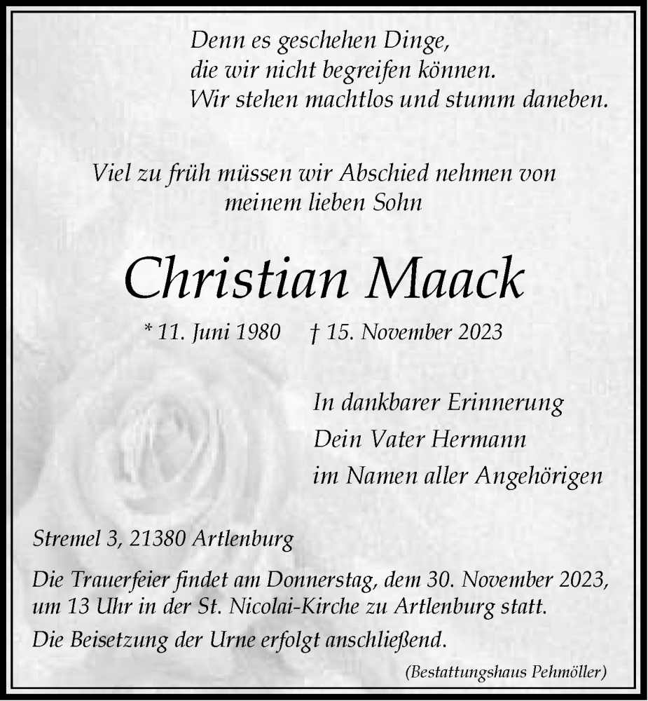  Traueranzeige für Christian Maack vom 25.11.2023 aus LZ