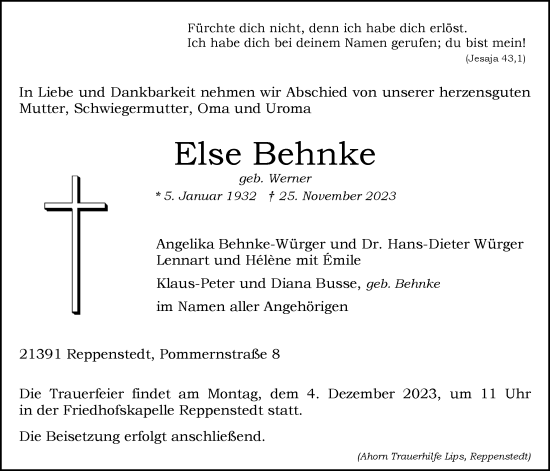Anzeige von Else Behnke von LZ