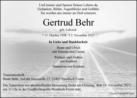 Anzeige von Gertrud Behr von LZ
