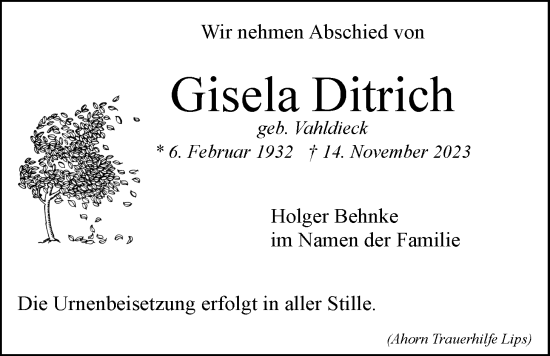 Anzeige von Gisela Ditrich von LZ