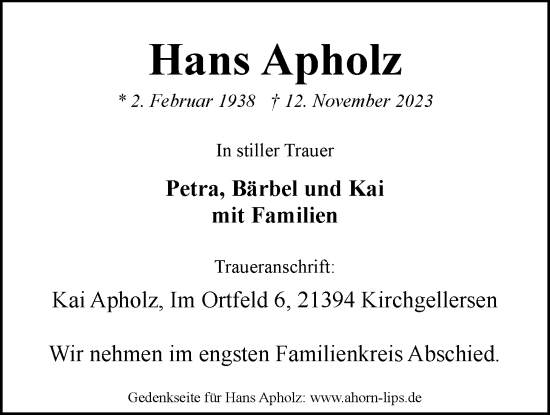 Anzeige von Hans Apholz von LZ