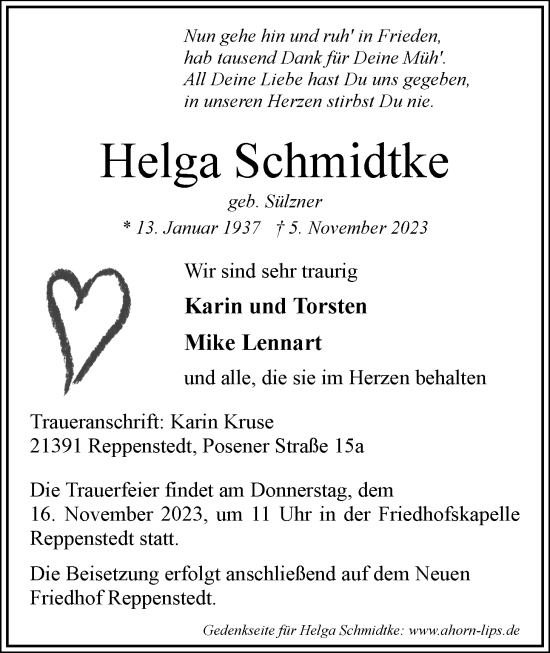 Anzeige von Helga Schmidtke von LZ