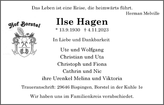 Anzeige von Ilse Hagen von LZ