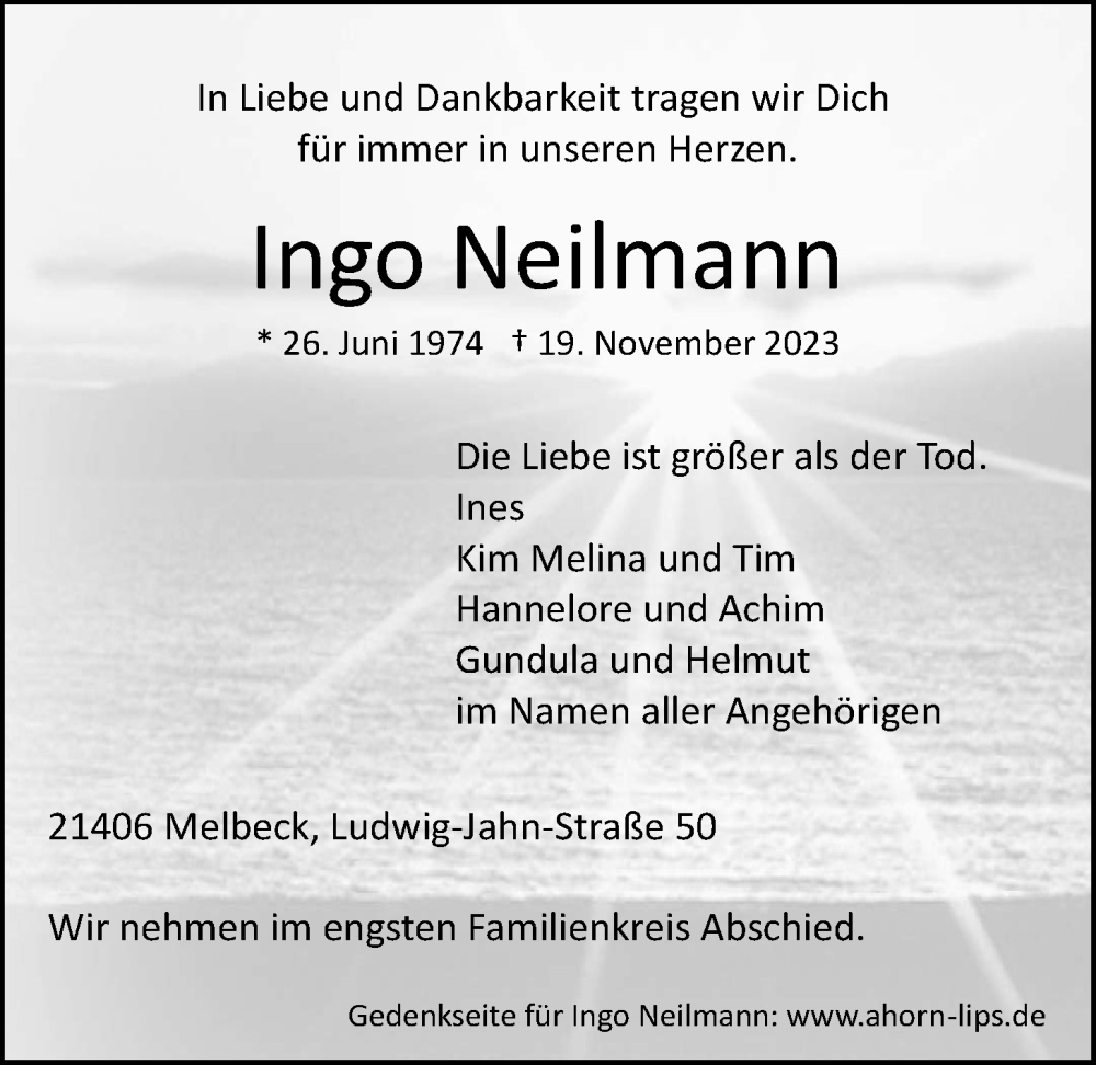  Traueranzeige für Ingo Neilmann vom 25.11.2023 aus LZ