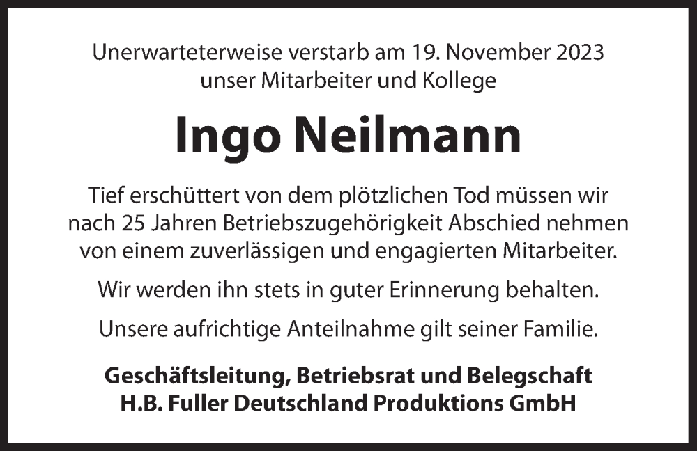  Traueranzeige für Ingo Neilmann vom 25.11.2023 aus LZ