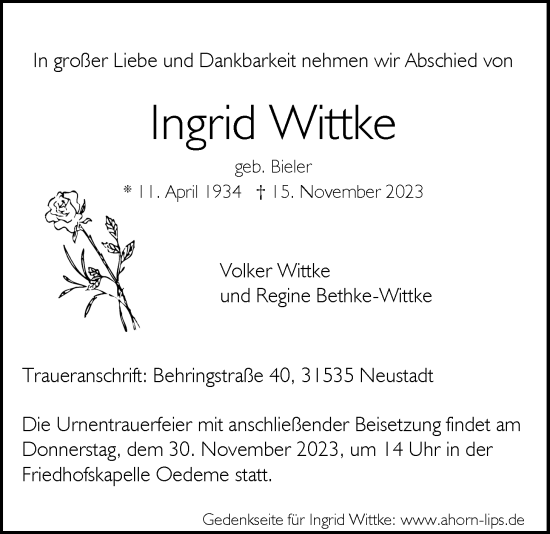 Anzeige von Ingrid Wittke von LZ