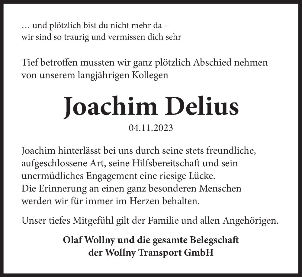  Traueranzeige für Joachim Delius vom 25.11.2023 aus LZ