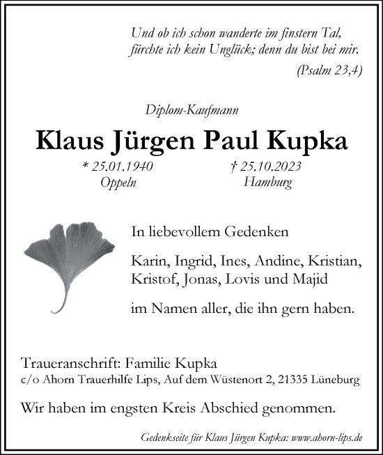 Anzeige von Klaus Jürgen Paul Kupka von LZ