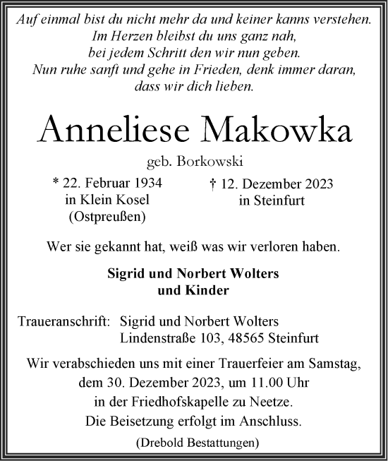 Anzeige von Anneliese Makowka von LZ
