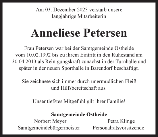 Anzeige von Anneliese Petersen von LZ