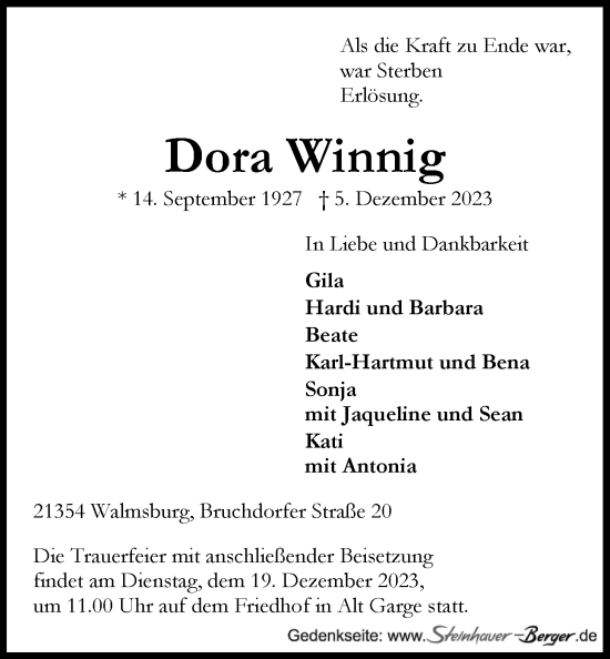 Anzeige von Dora Winnig von LZ