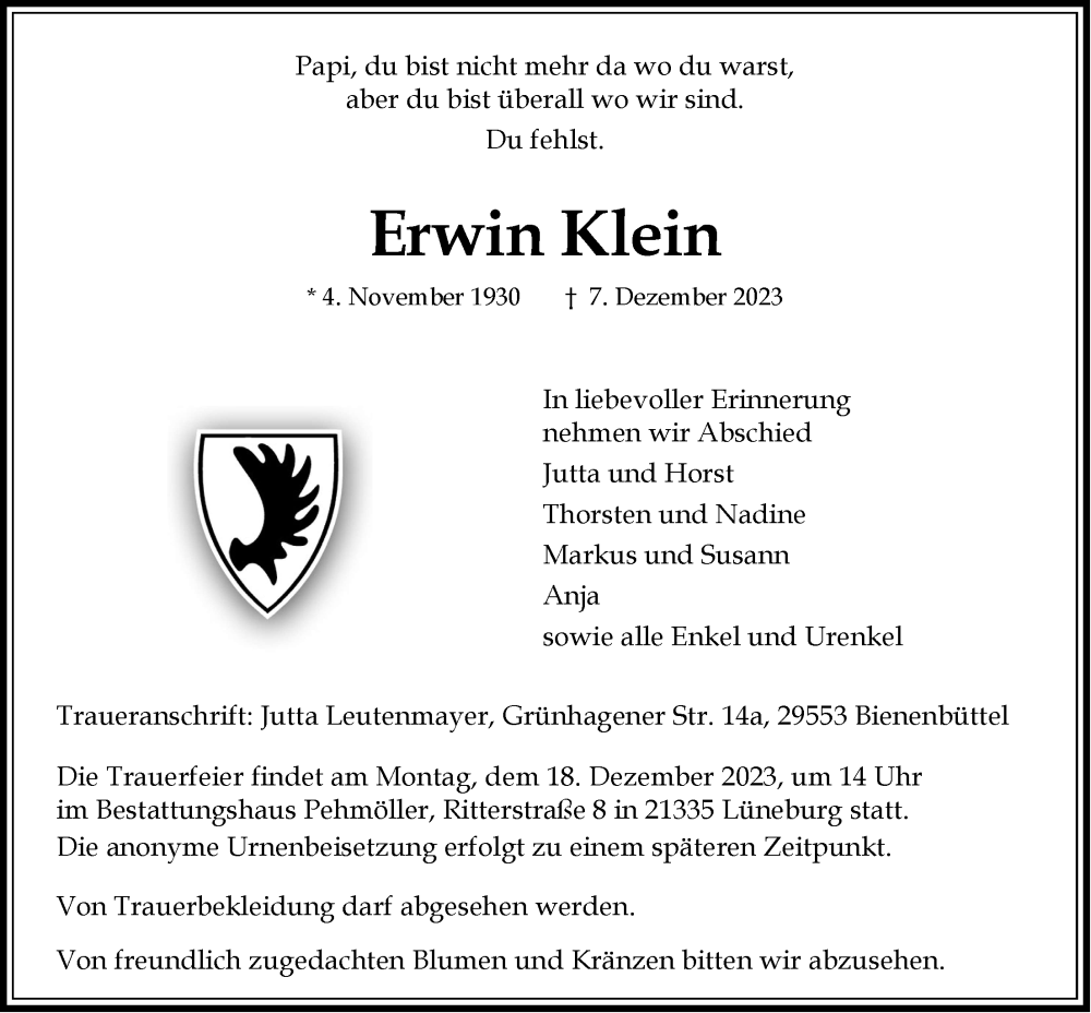  Traueranzeige für Erwin Klein vom 13.12.2023 aus LZ