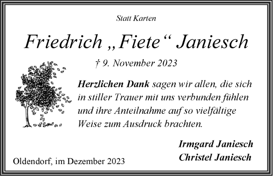Anzeige von Friedrich Fiete Janiesch von LZ