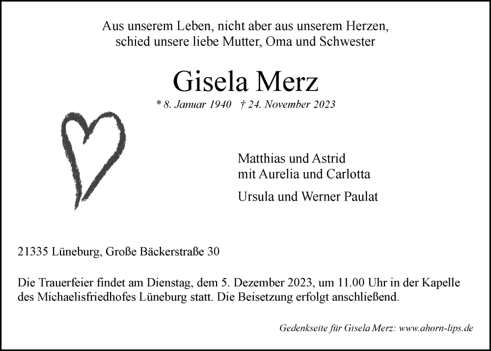  Traueranzeige für Gisela Merz vom 02.12.2023 aus LZ