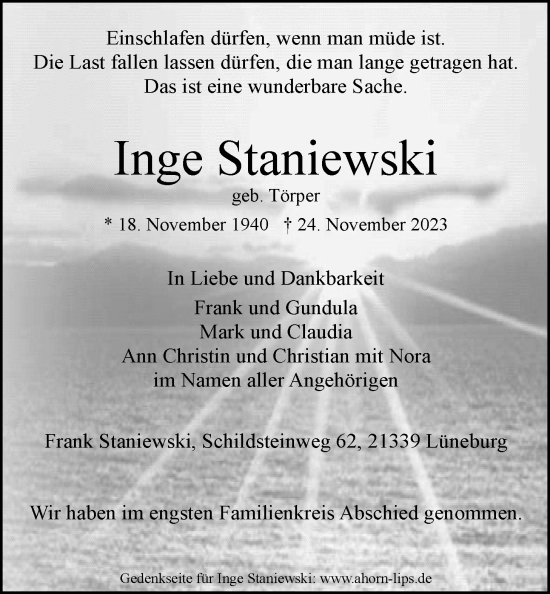 Anzeige von Inge Staniewski von LZ