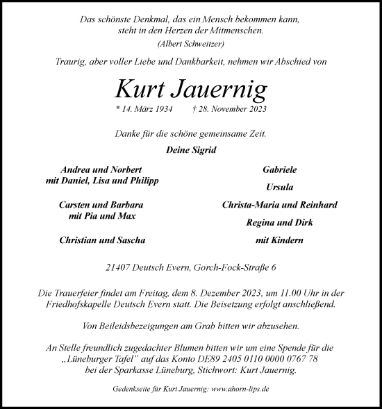 Anzeige von Kurt Jauernig von LZ