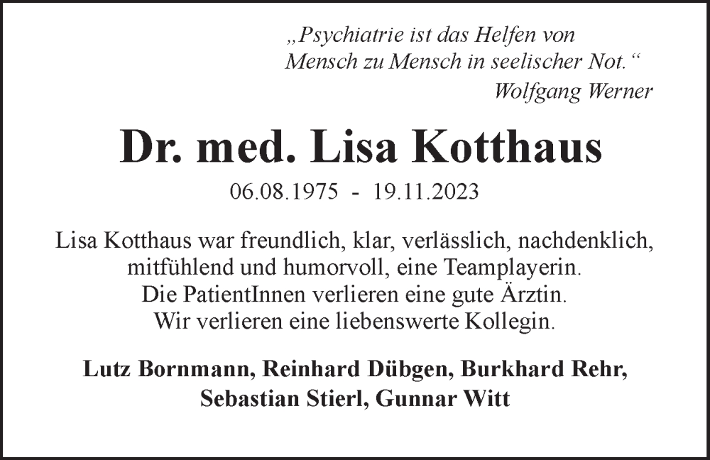  Traueranzeige für Lisa Kotthaus vom 02.12.2023 aus LZ