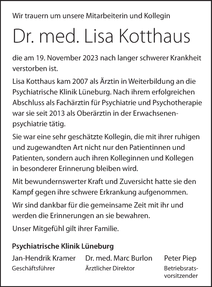  Traueranzeige für Lisa Kotthaus vom 02.12.2023 aus LZ