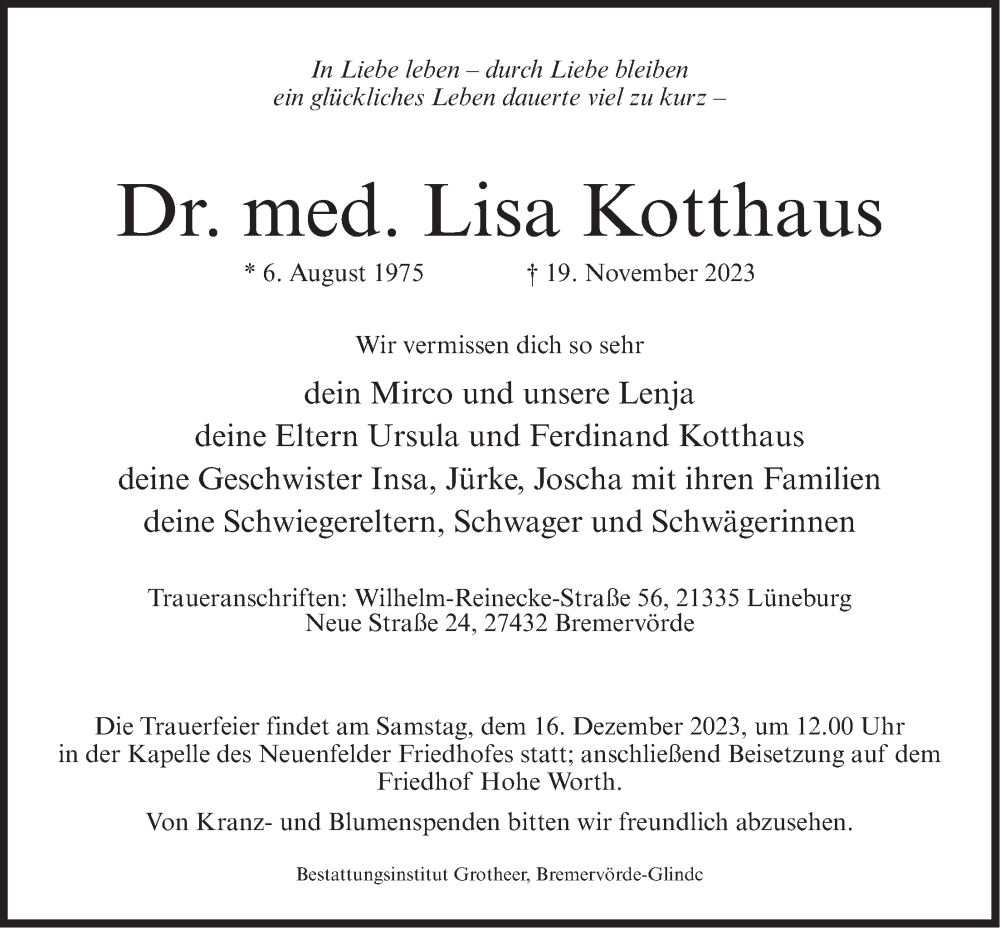  Traueranzeige für Lisa Kotthaus vom 02.12.2023 aus LZ