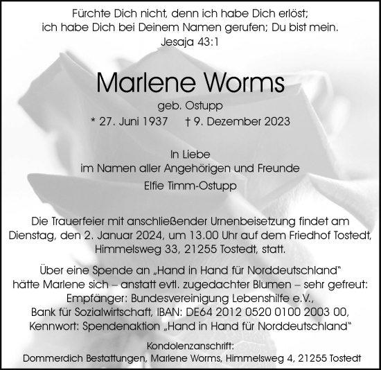 Anzeige von Marlene Worms von LZ