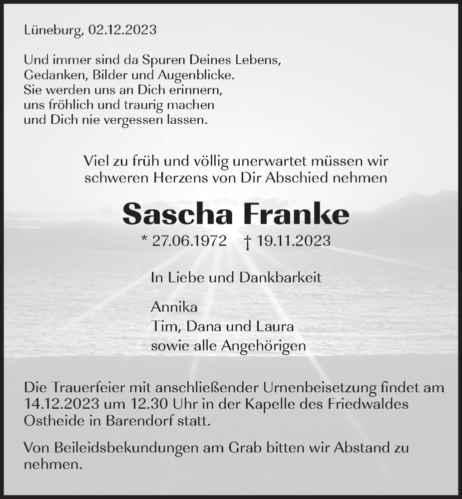  Traueranzeige für Sascha Franke vom 02.12.2023 aus LZ