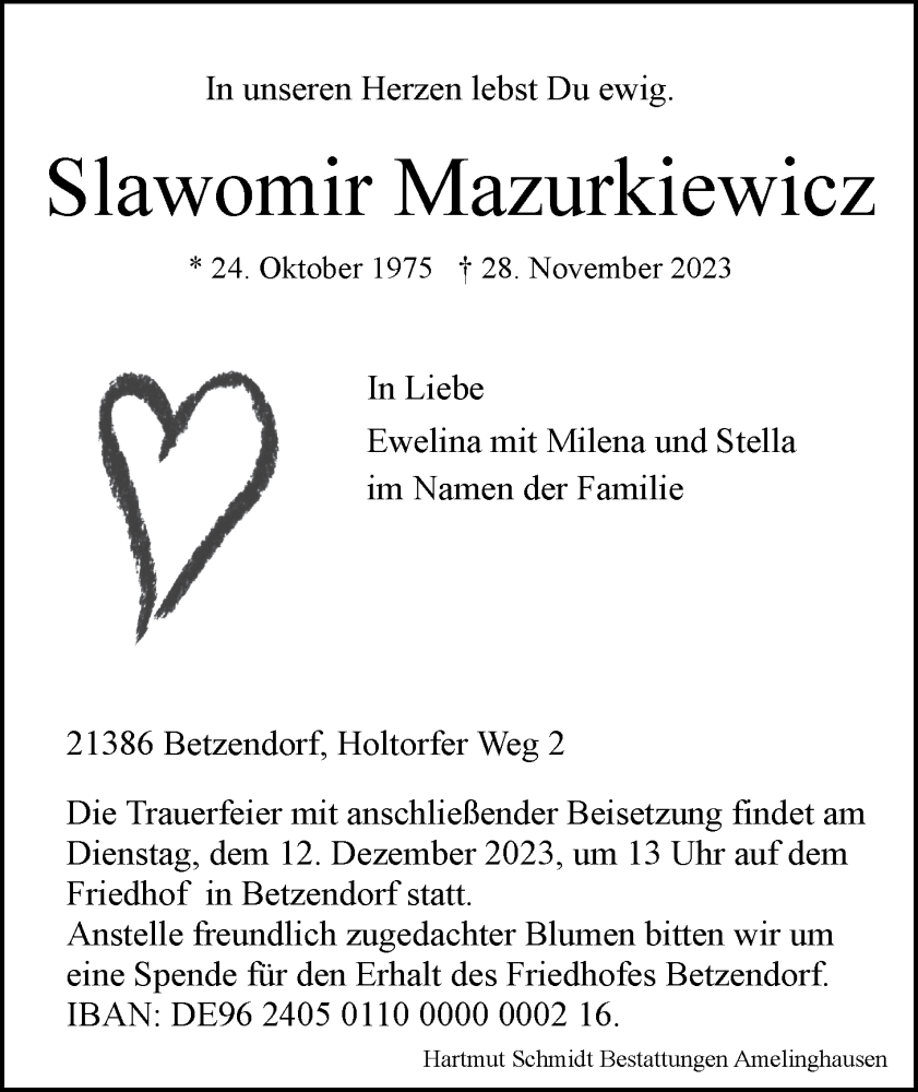  Traueranzeige für Slawomir Mazurkiewicz vom 06.12.2023 aus LZ